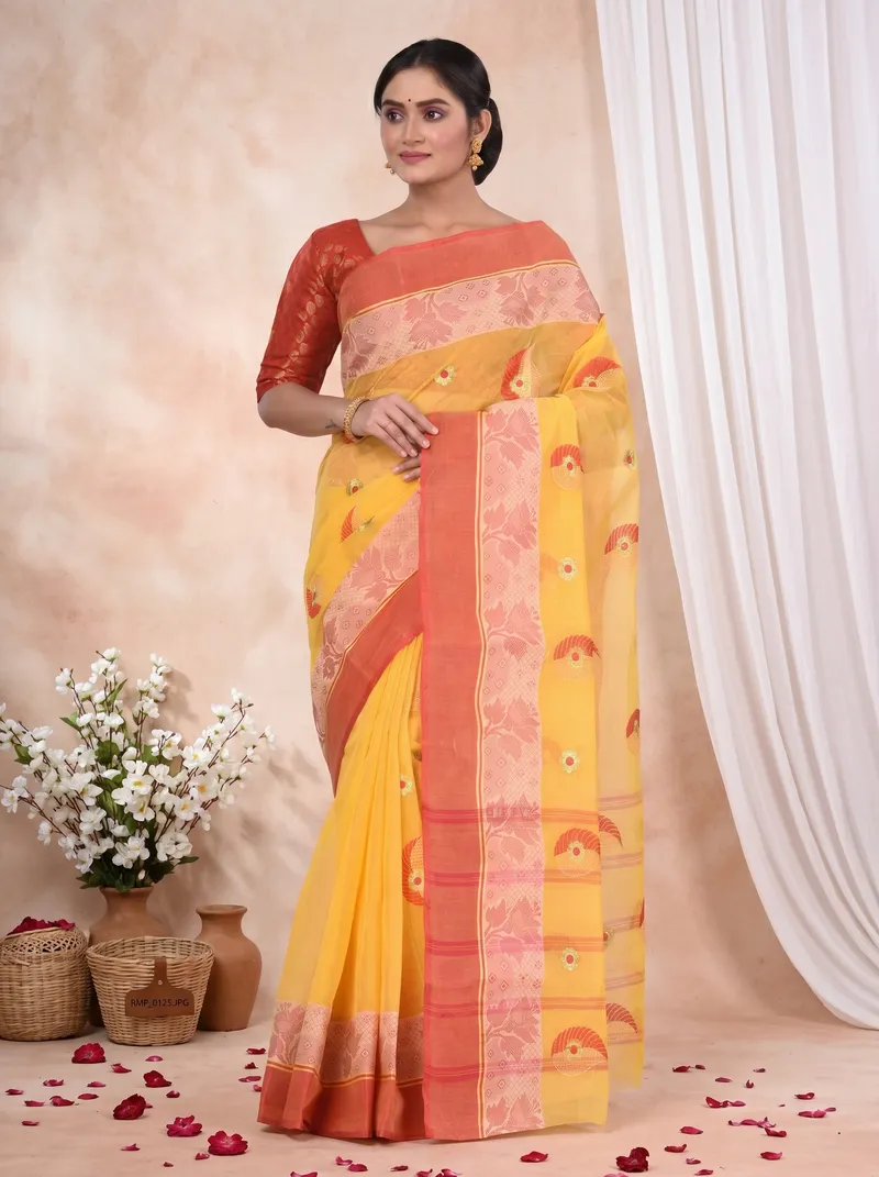 DipDiya Pure Cotton  Traditional Bengali Yellow Artisan Crafted Shanko Embro Embroidery Tant Saree