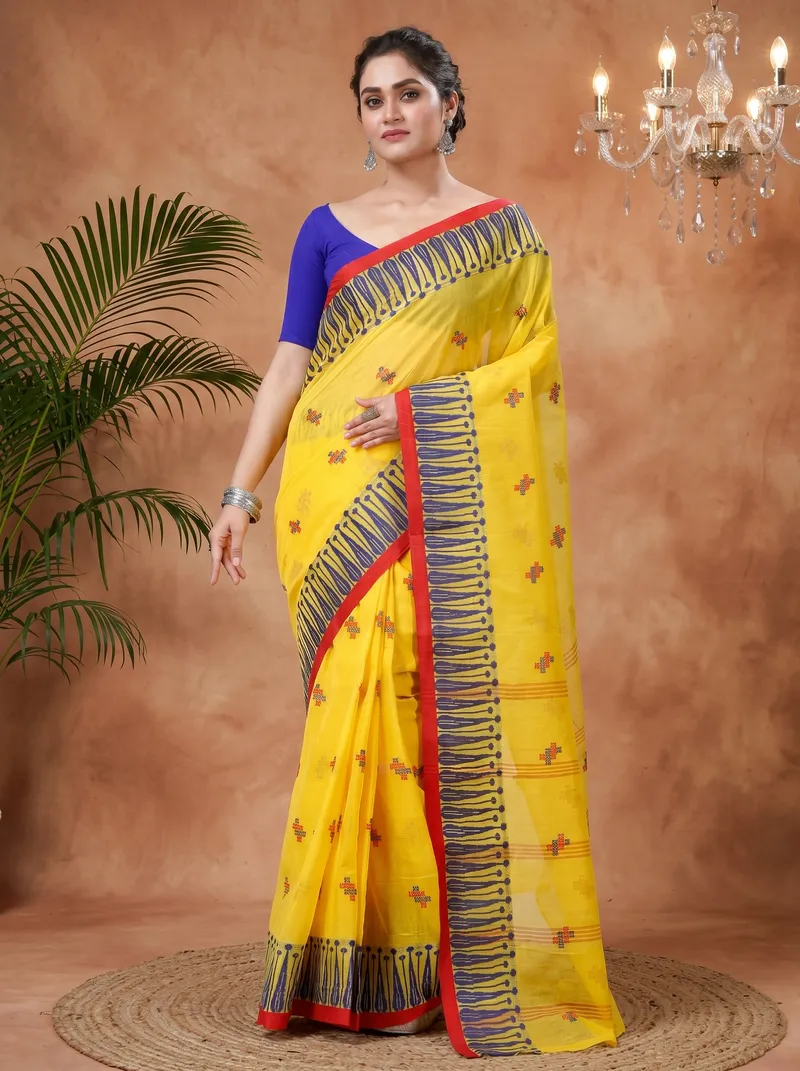DipDiya Pure Cotton  Traditional Bengali Yellow Artisan Crafted Simar Tant Saree