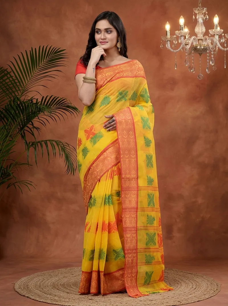 DipDiya Pure Cotton  Traditional Bengali Yellow Artisan Crafted Suparna Buti Tant Saree