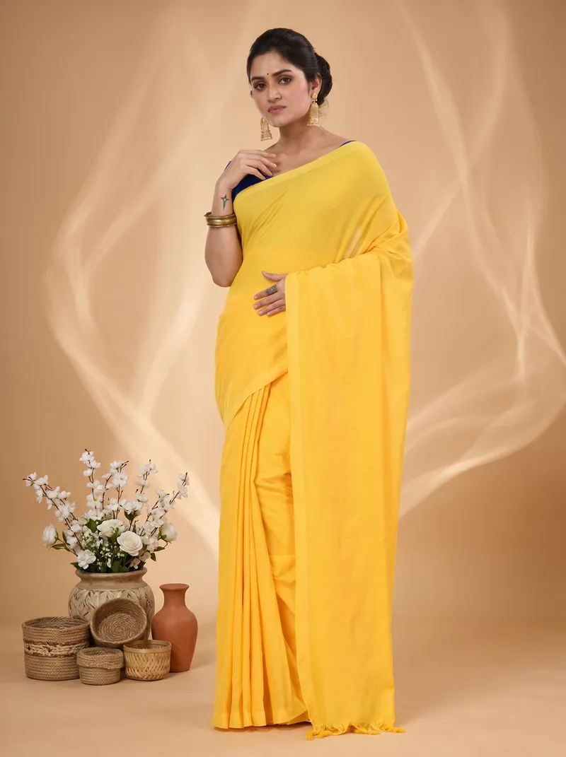 DipDiya Pure Cotton  Traditional Bengali Yellow Artisan Crafted ThanKhadi Handloom Saree