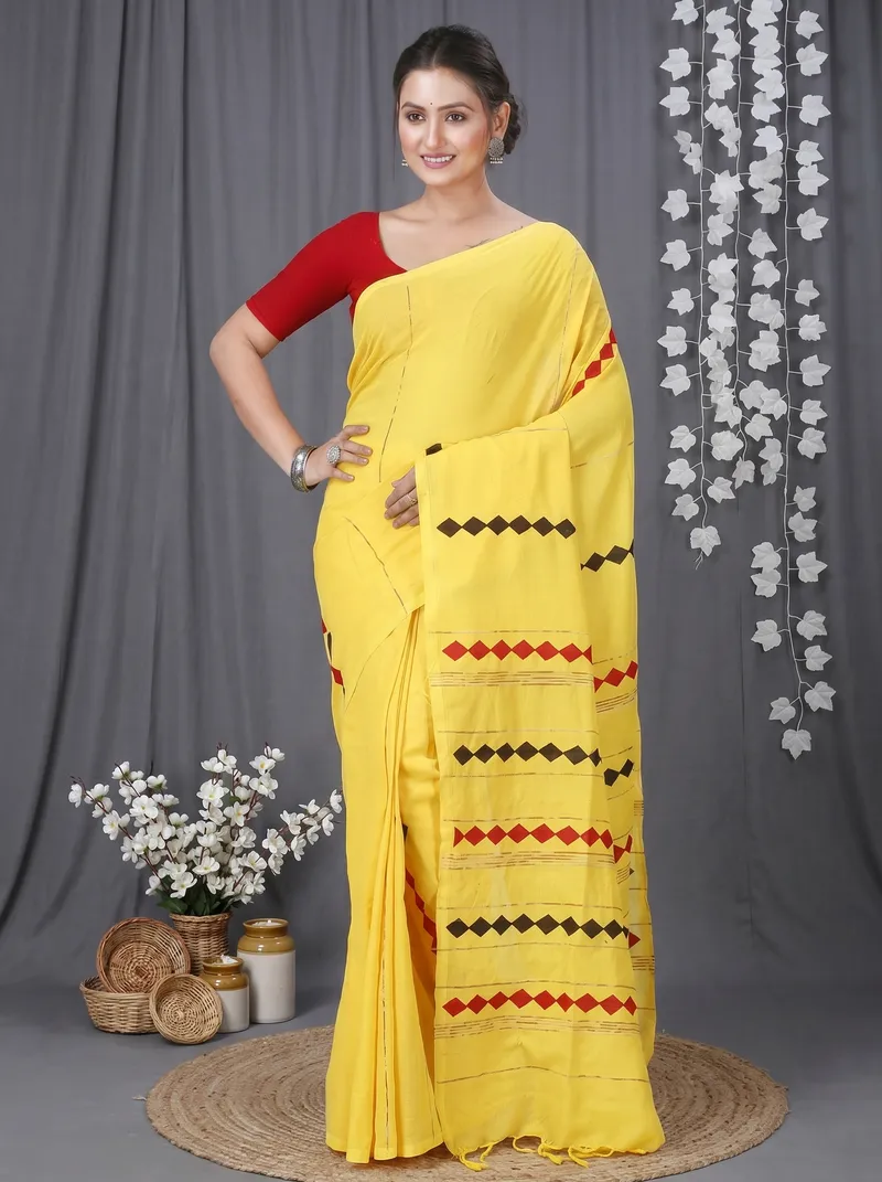 DipDiya Pure Cotton  Traditional Bengali Yellow Artisan Crafted Tika Applique Saree