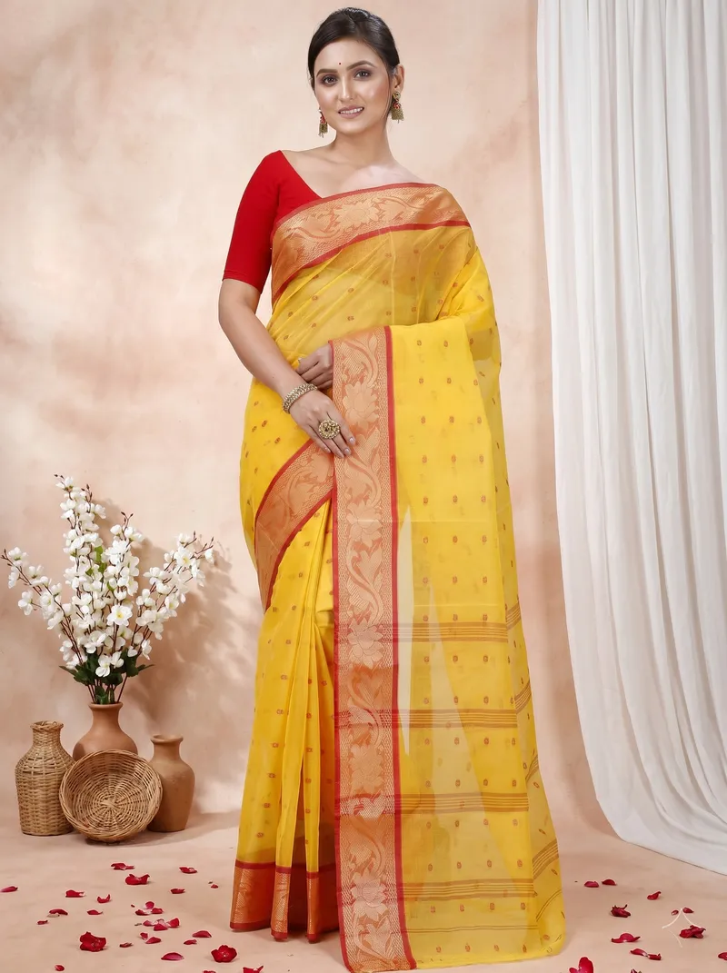 DipDiya Pure Cotton  Traditional Bengali Yellow Artisan Crafted Unnati Tant Saree
