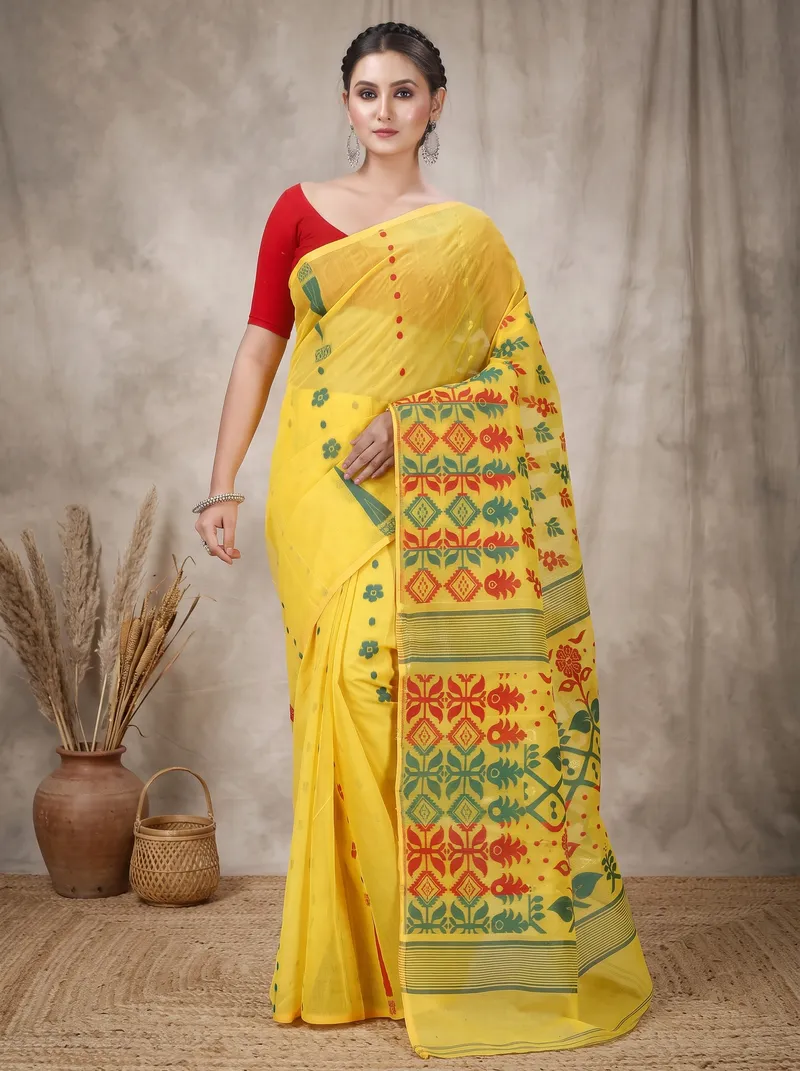 DipDiya Pure Cotton  Traditional Bengali Yellow Artisan Crafted Urmila Jamdani Saree