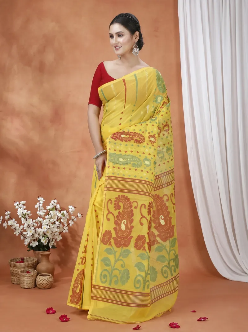 DipDiya Pure Cotton  Traditional Bengali Yellow Artisan Crafted Vani Jamdani Saree