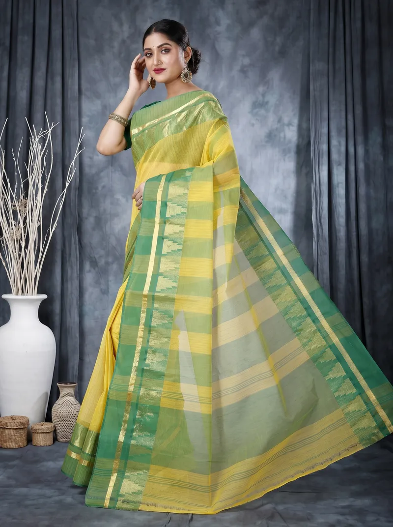 DipDiya Pure Cotton  Traditional Bengali Yellow Artisan Crafted Vrinda Tant Saree