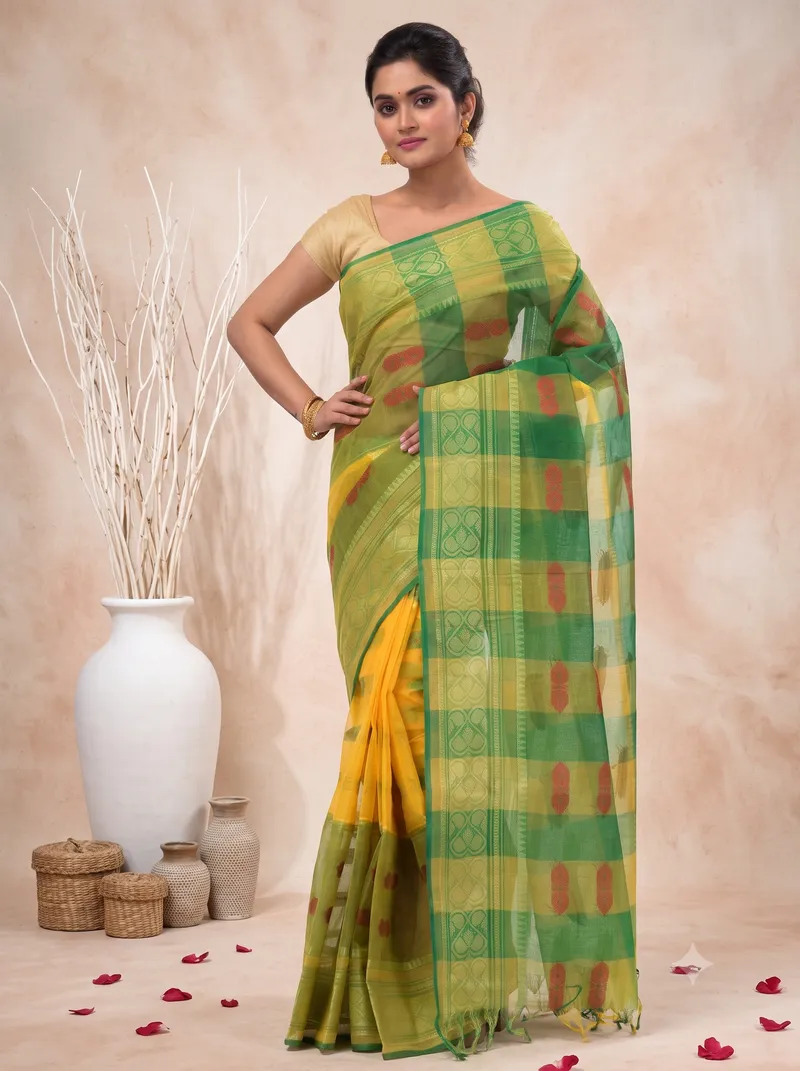 DipDiya Pure Cotton  Traditional Bengali Yellow Green Artisan Crafted Raj Nandi Tant Saree