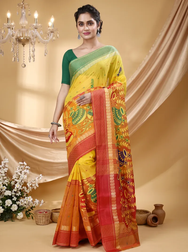 DipDiya Pure Cotton  Traditional Bengali Yellow Red Artisan Crafted Embi Ganga Buti Embroidery Tant Saree