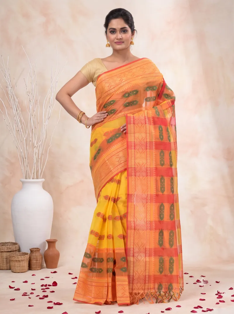 DipDiya Pure Cotton  Traditional Bengali Yellow Red Artisan Crafted Raj Nandi Tant Saree
