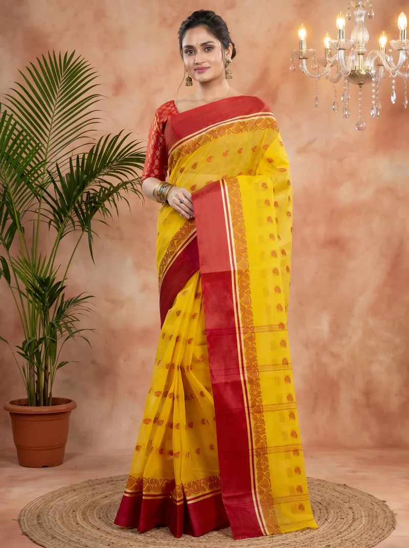 DipDiya Pure Cotton  Traditional Bengali Yellow Red Artisan Crafted Sukla Velvet Tant Saree