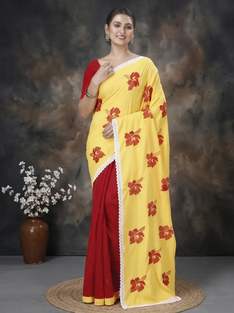DipDiya Pure Cotton  Traditional Bengali Yellow Red Artisan Crafted Teru Handloom Saree