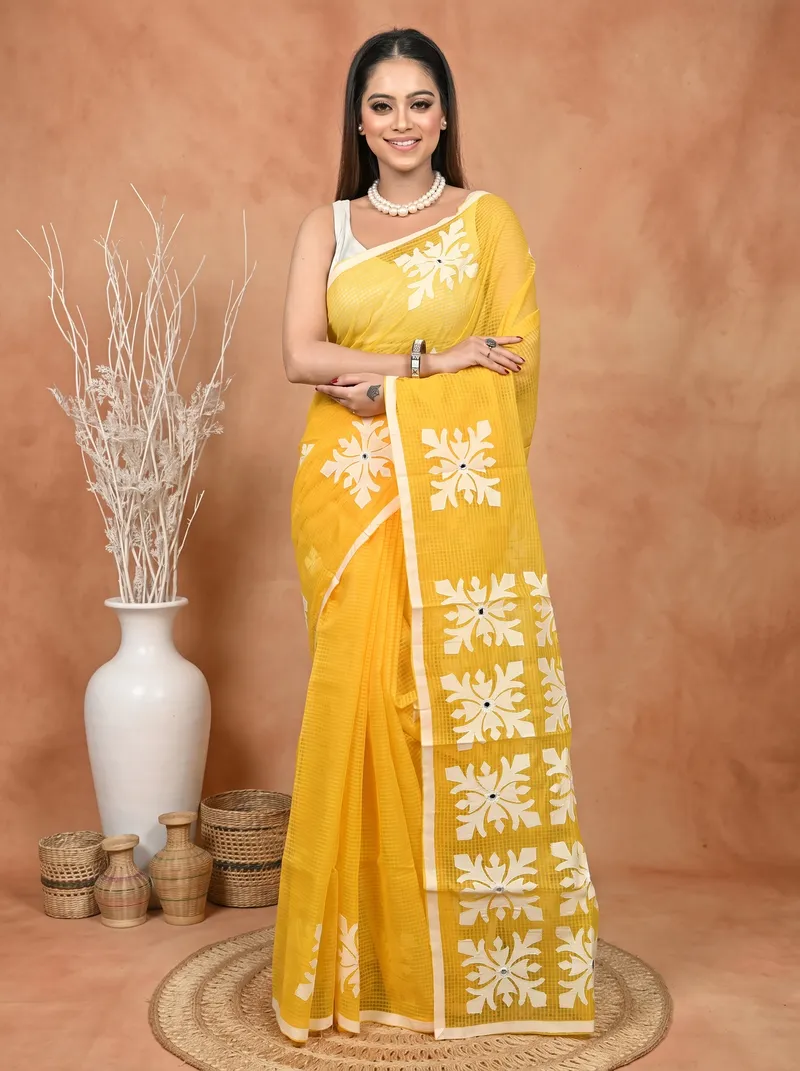DipDiya Pure Cotton  Traditional Bengali Yellow White Artisan Crafted Kotaplik Kota Applique Saree