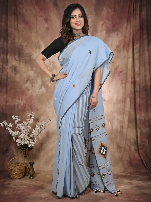 DipDiya Pure Cotton Ultra Blue Hitaashi Crafted in Bengal Handloom Sarees