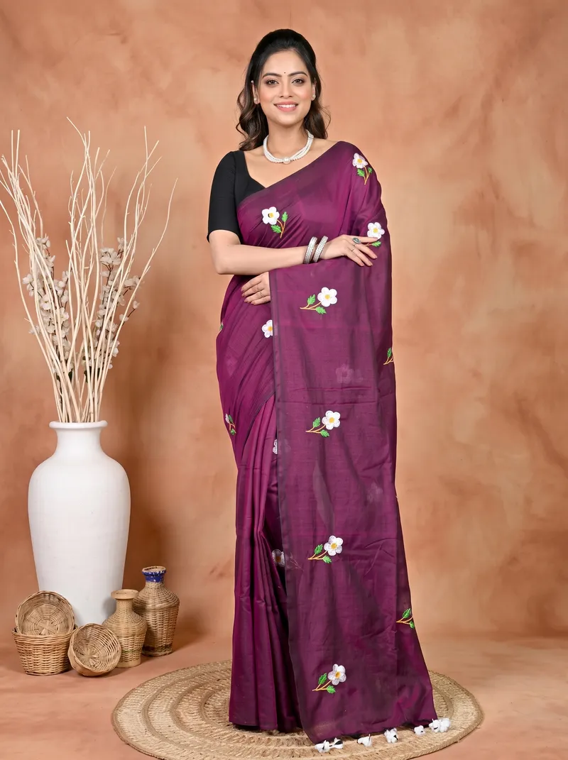 DipDiya Pure Cotton Violet Paray Artisan Woven Embroidery Handloom sarees