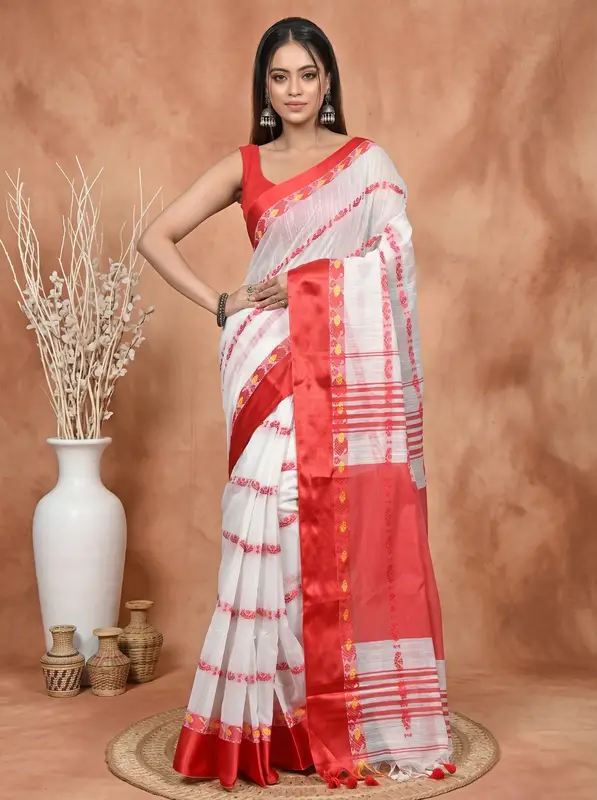 DipDiya Pure Cotton White and Red Borma Heritage of Bengali Handloom Sarees