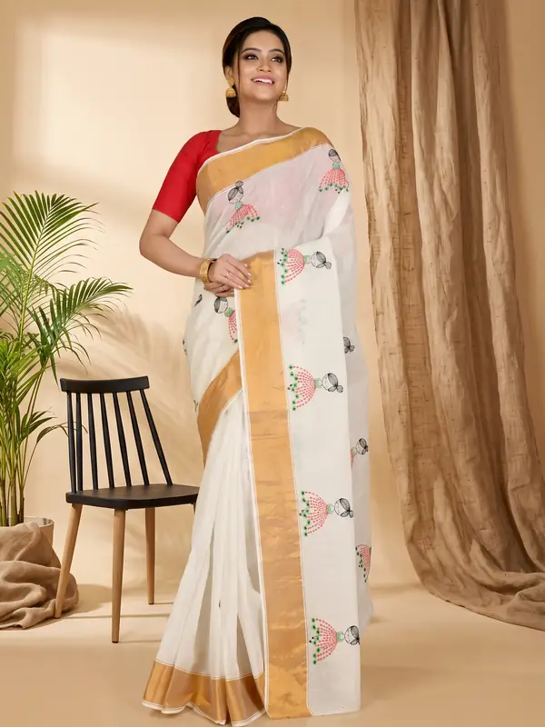 DipDiya Pure Cotton White Askiti Crafted by Artisans Embroidery Tant Sarees