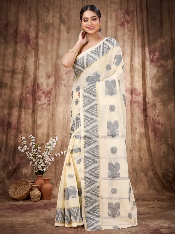 DipDiya Pure Cotton White Black Gargi Essence of Bengal Tant Sarees