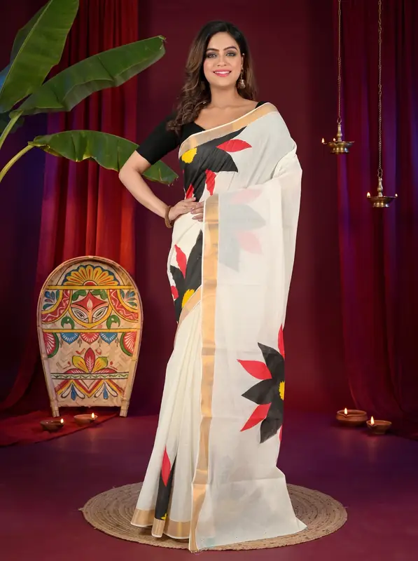 DipDiya Pure Cotton White Black Hataka Heritage Elegances Hand Painted Sarees