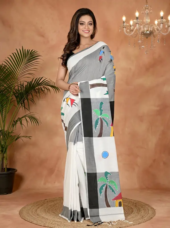 DipDiya Pure Cotton White Black Khadaka Kousiki Heritage Elegance Hand Painted Sarees