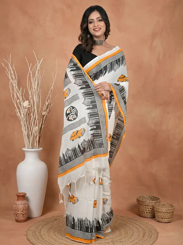 DipDiya Pure Cotton White Black Pinal Handcrafted Elegance Printed Handloom Sarees