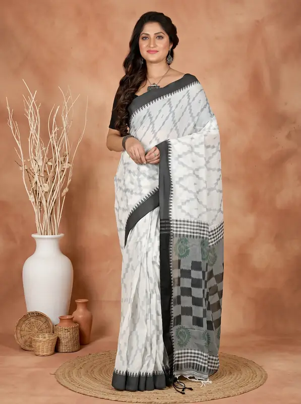 DipDiya Pure Cotton White Black Seuma Traditional Elegance Handloom Sarees