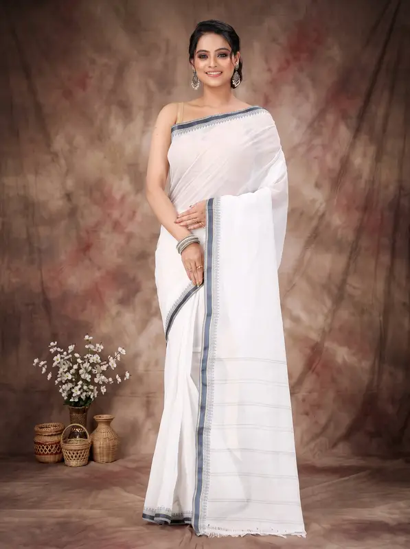 DipDiya Pure Cotton White Black Subra Woven with Love Tant Sarees