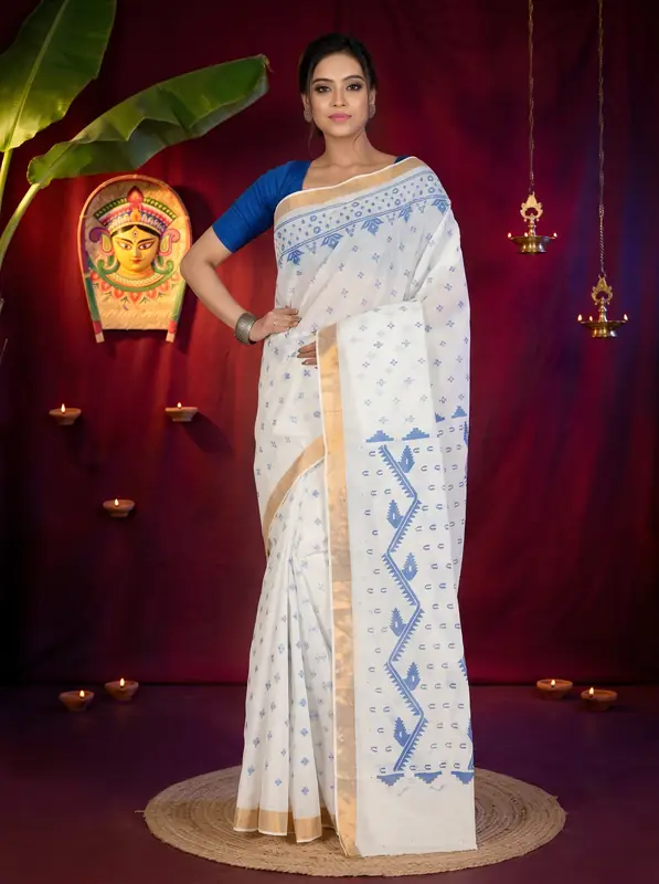 DipDiya Pure Cotton White Blue Ekta Print Crafted in Bengal Printed Tant Sarees