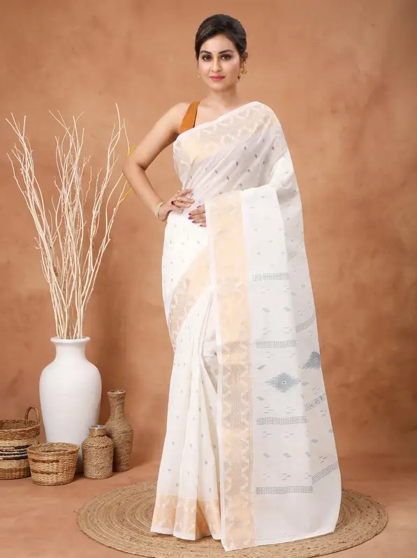 DipDiya Pure Cotton White Blue Levi Classic Grace Printed Tant Sarees
