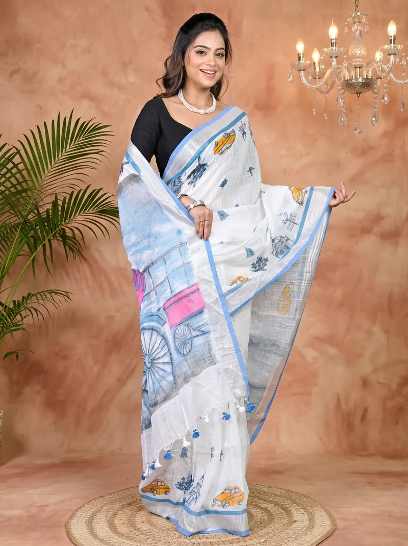 DipDiya Pure Cotton White Blue Soher Handloom Heritage Printed Handloom Sarees