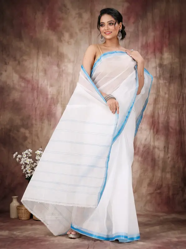 DipDiya Pure Cotton White Blue Subra Weaves with a Story Tant Sarees