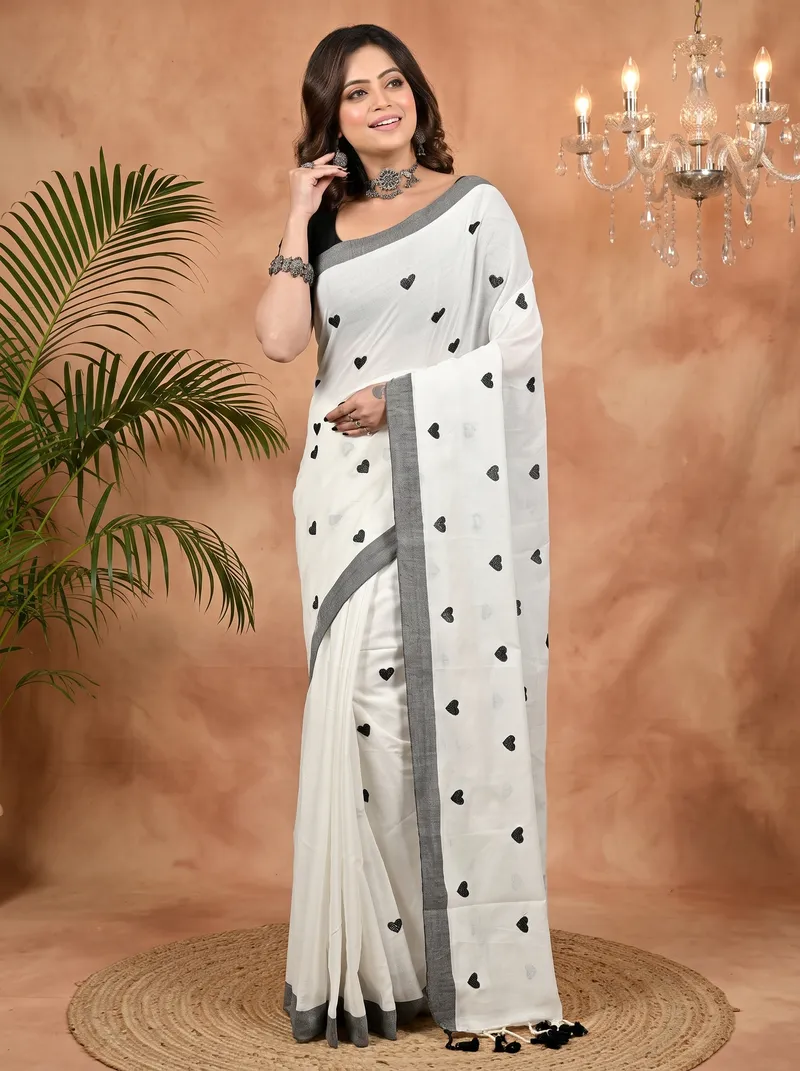 DipDiya Pure Cotton White Brown Dhrli A Legacy Woven Embroidery Handloom sarees