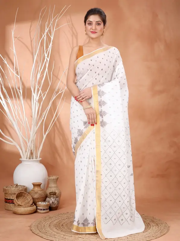 DipDiya Pure Cotton White Brown Ekant Print Classic Bengali Printed Tant Sarees