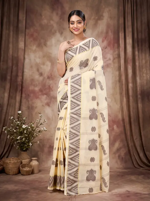 DipDiya Pure Cotton White Brown Gargi Classic Grace Tant Sarees