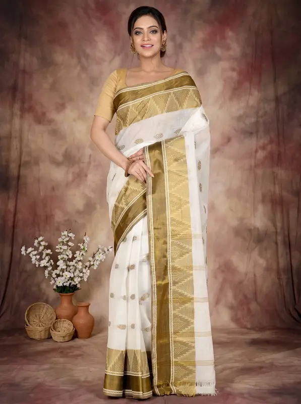 DipDiya Pure Cotton White Brown Sadasob Handloom Heritage Tant Sarees