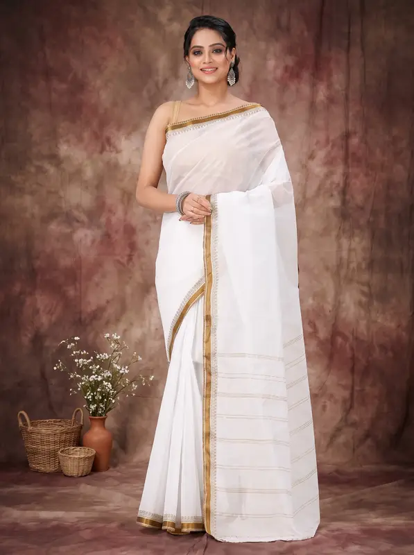 DipDiya Pure Cotton White Brown Subra Woven by Hand Tant Sarees