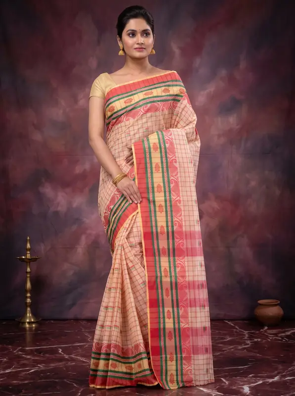 DipDiya Pure Cotton White ChakButi Pure Bengali Grace Tant Sarees