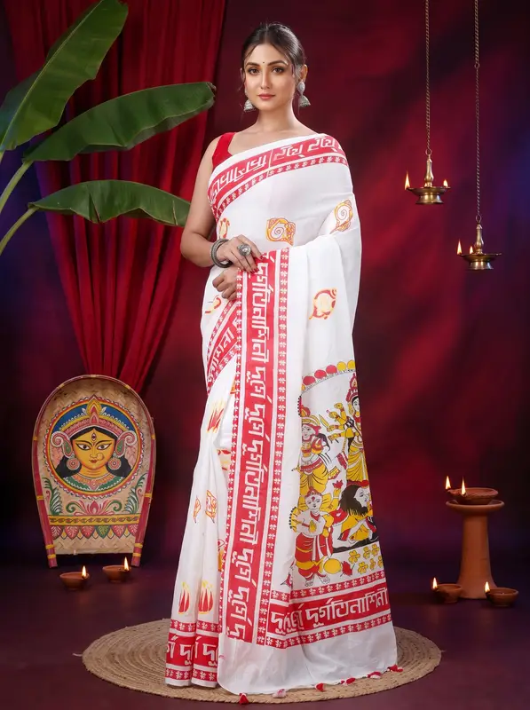 DipDiya Pure Cotton White Durga Stories of Bengal Printed Handloom Sarees
