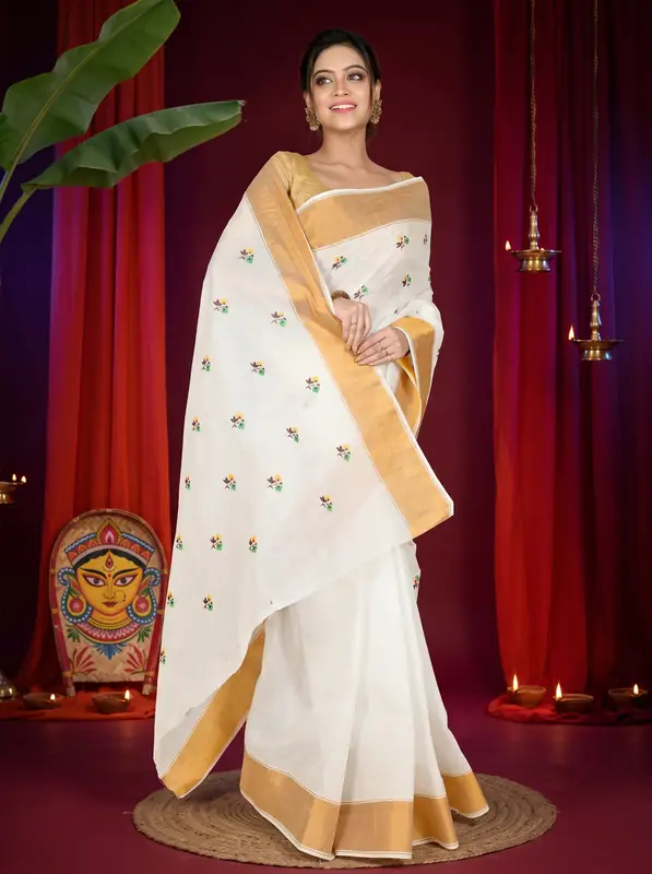 DipDiya Pure Cotton White Glold Leome Timeless Elegance Embroidery Tant Sarees