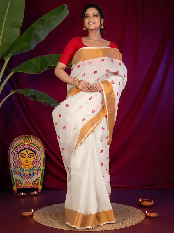 DipDiya Pure Cotton White Glold Leome Tradition in Every Thread Embroidery Tant Sarees