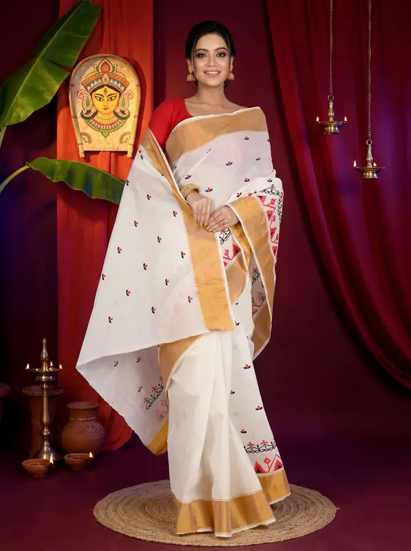 DipDiya Pure Cotton White Glold Leome Traditional Elegance Embroidery Tant Sarees