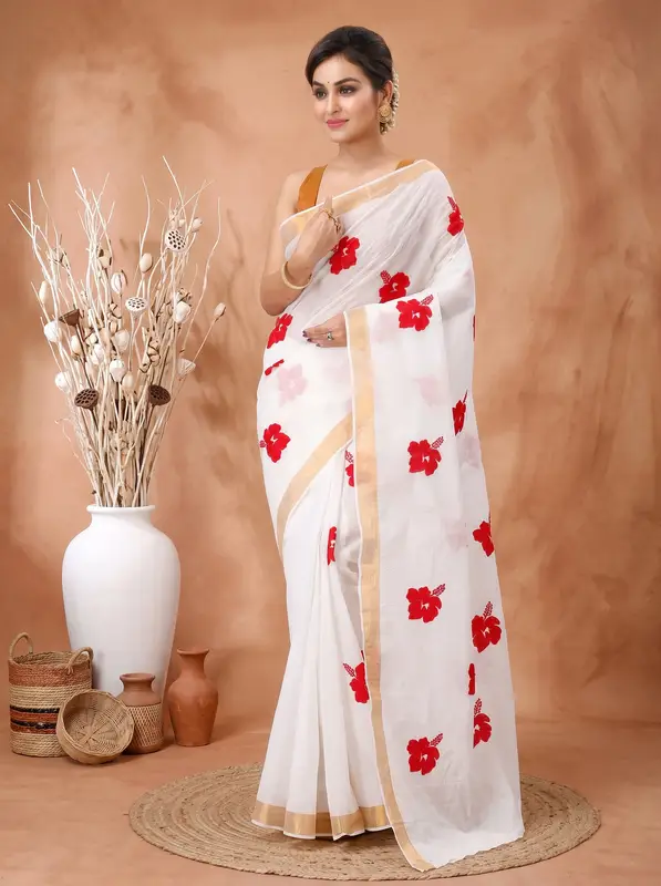 DipDiya Pure Cotton White Golden Leo Timeless Elegance Embroidery Tant Sarees