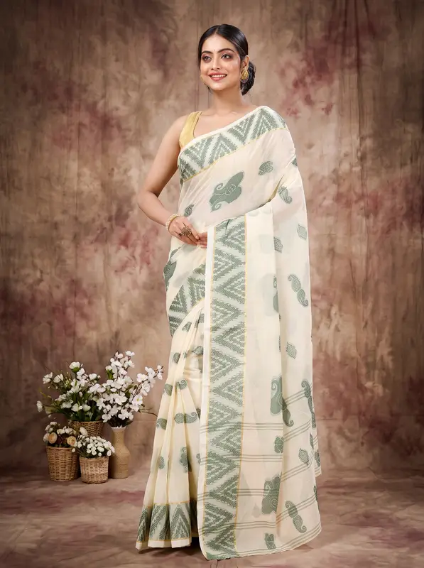 DipDiya Pure Cotton White Green Gargi Classic Bengali Tant Sarees
