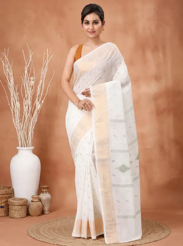 DipDiya Pure Cotton White Green Levi Crafted by Artisans Printed Tant Sarees
