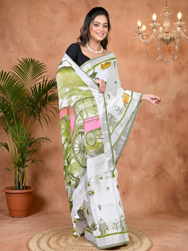 DipDiya Pure Cotton White Green Soher Heritage of Bengal Printed Handloom Sarees