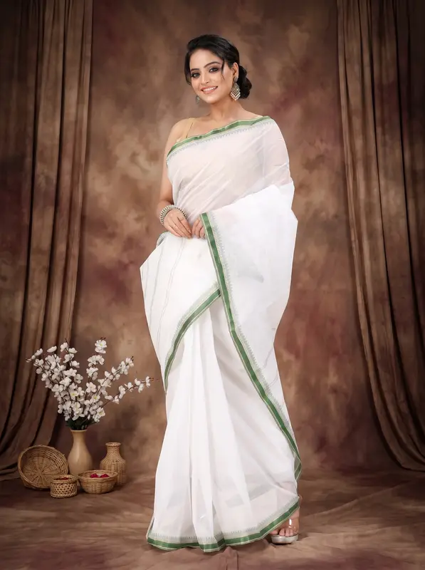DipDiya Pure Cotton White Green Subra Tradition in Every Thread Tant Sarees