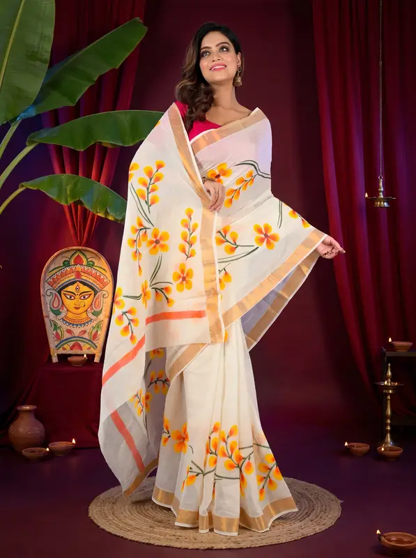 DipDiya Pure Cotton White Hataka Effortless Traditions Hand Painted Sarees