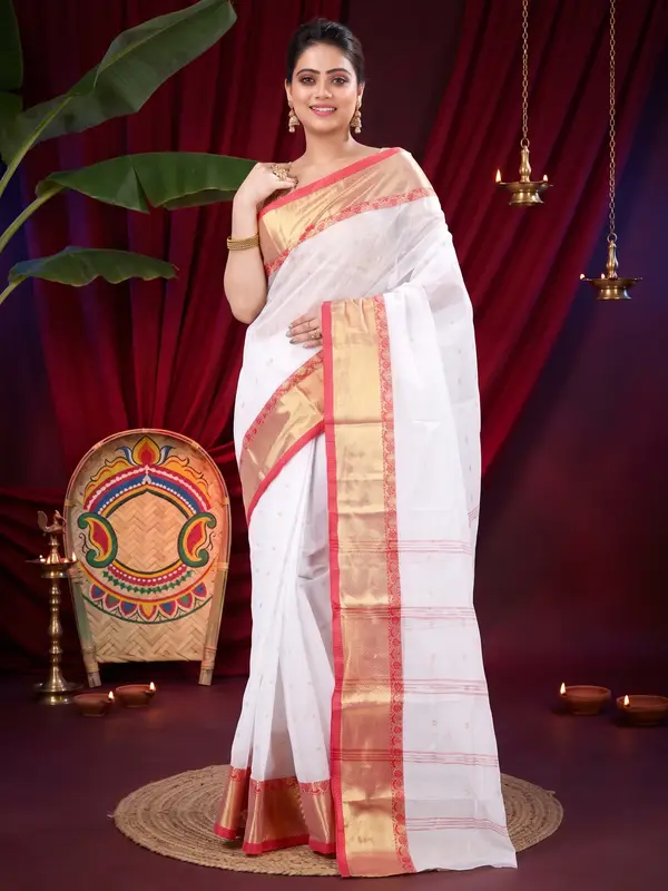 DipDiya Pure Cotton White JoriPar Artisan Woven Tant Sarees