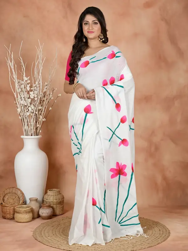 DipDiya Pure Cotton White Kamal Heritage Elegance Hand Painted Sarees