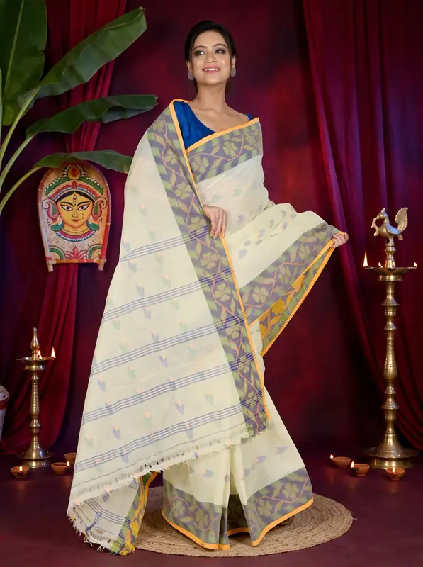 DipDiya Pure Cotton White Komtai Crafted by Artisans Tant Sarees