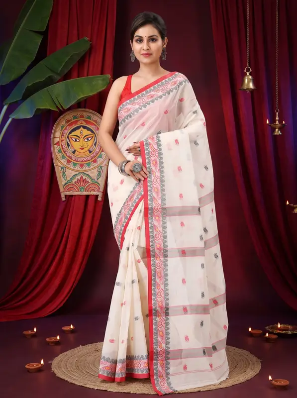 DipDiya Pure Cotton White Leron Threads of Tradition Tant Sarees