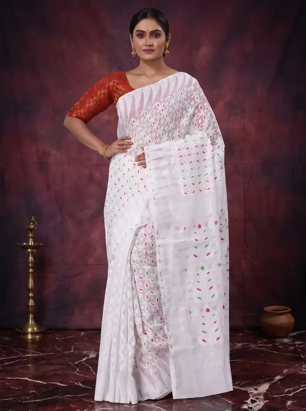 DipDiya Pure Cotton White Minakari Jmdni Woven by Hand Jamdani Sarees